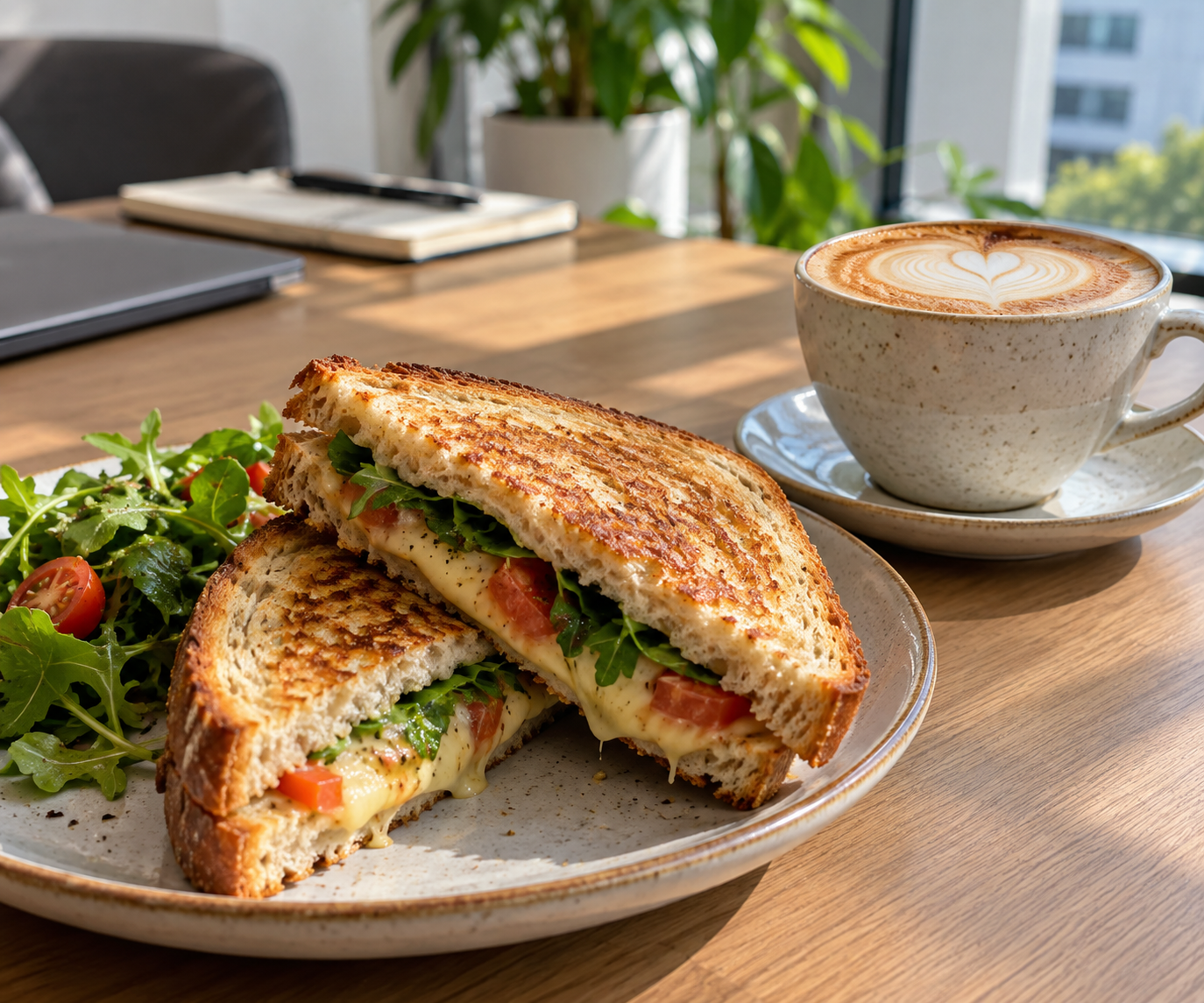 Toasted sandwich and cappuccino on a café table